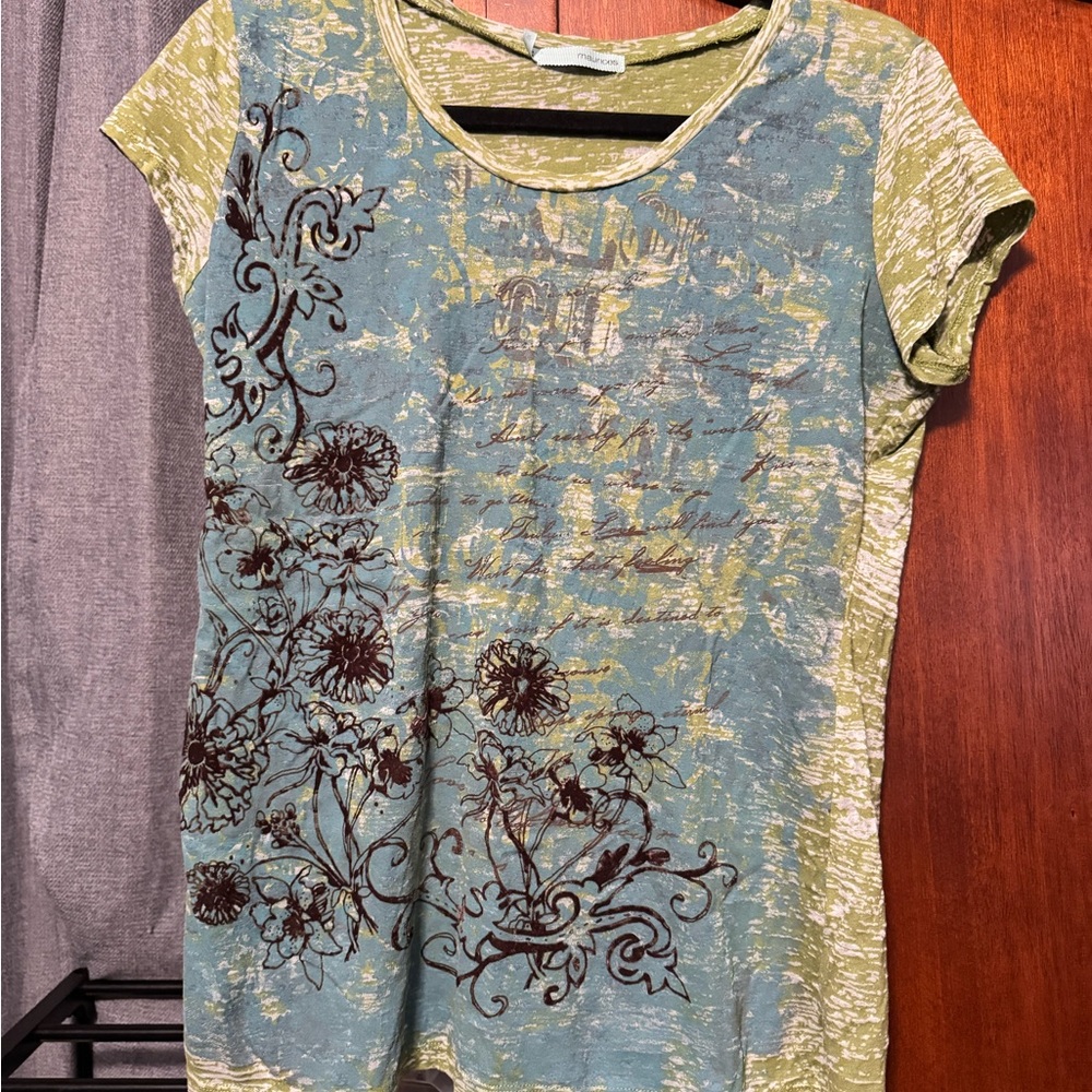 Maurices Green and Blue Floral Short Sleeve Top